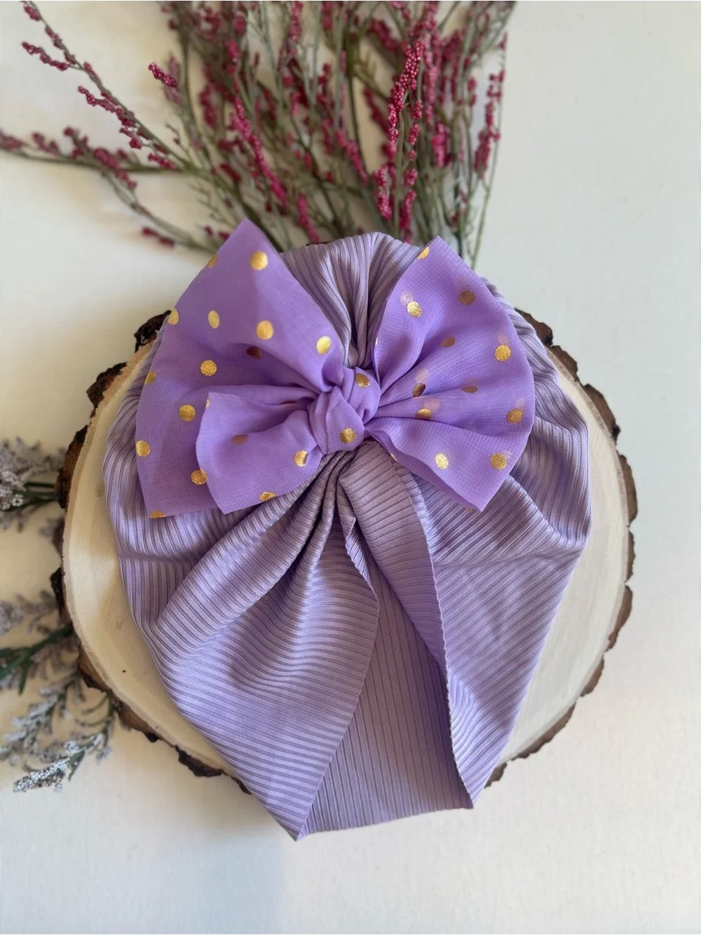 Handmade Lavender Ribbed Baby Turban Hat with Gold Polka Dot Bow NWT